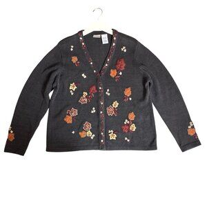 Vintage Bobbie Brooks Womens Gray Fall Cardigan Sweater Embroidered Sz XL 16/18